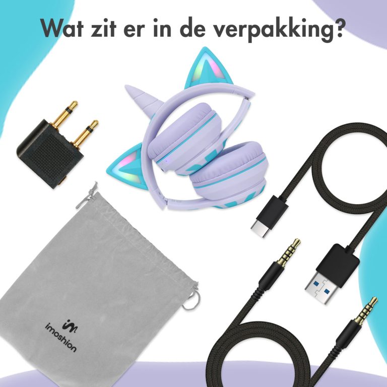 imoshion Draadloze Kinderkoptelefoon Unicorn LED Light - Decibelbegrenzer - Met AUX kabel - Lavender Lilac / Soft Blue - Afbeelding 6