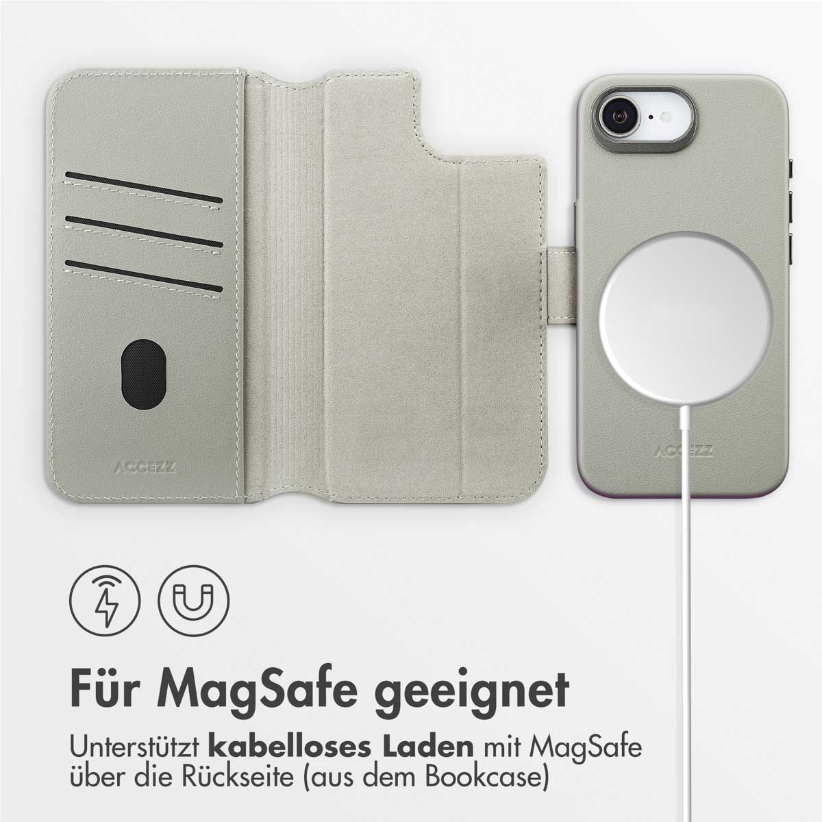 Accezz Leather Bookcase 2-in-1 met MagSafe Apple iPhone 16e - Light Grey - Afbeelding 4