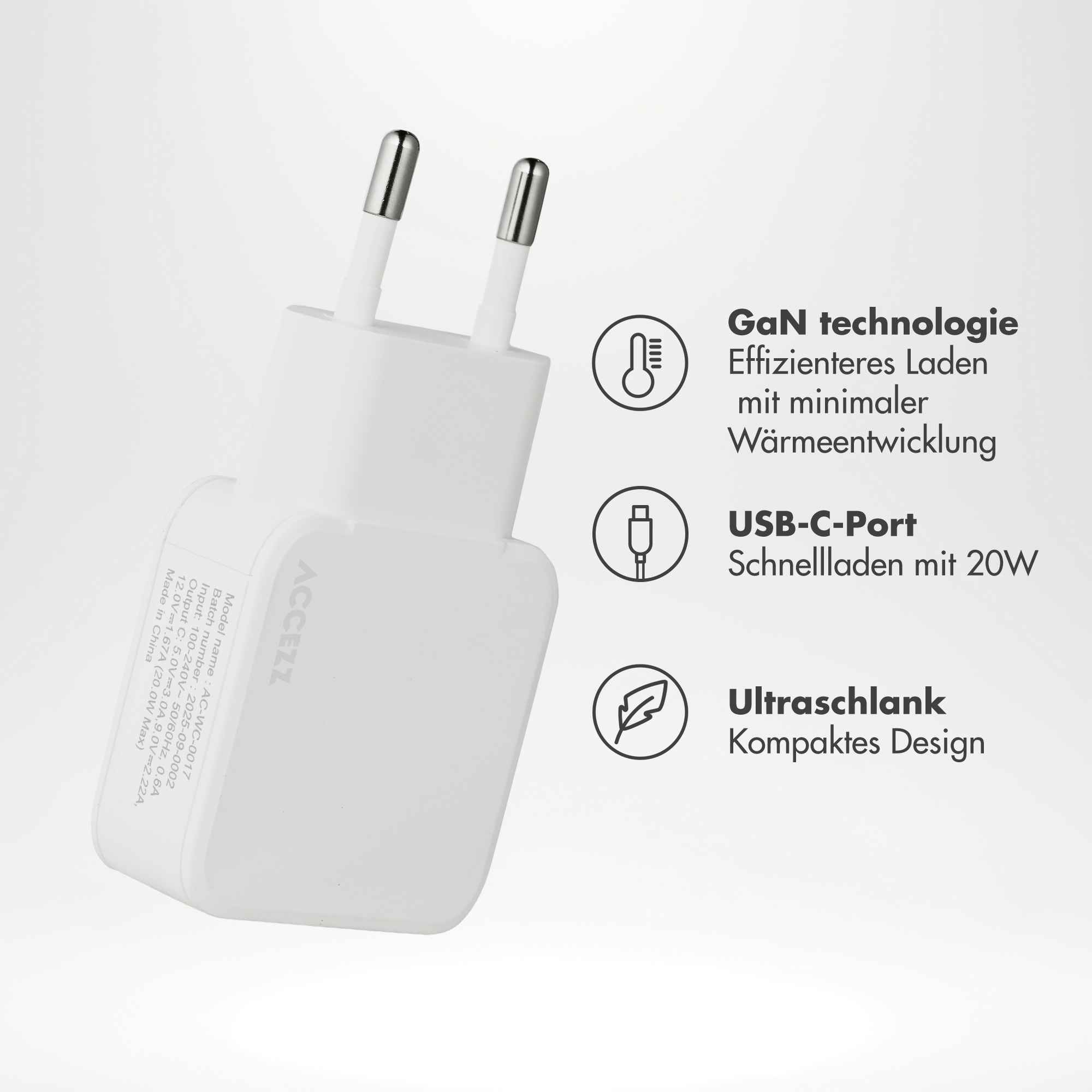 Accezz Ultra Slim GaN Oplader - USB-C - 20W - Wit - Afbeelding 7