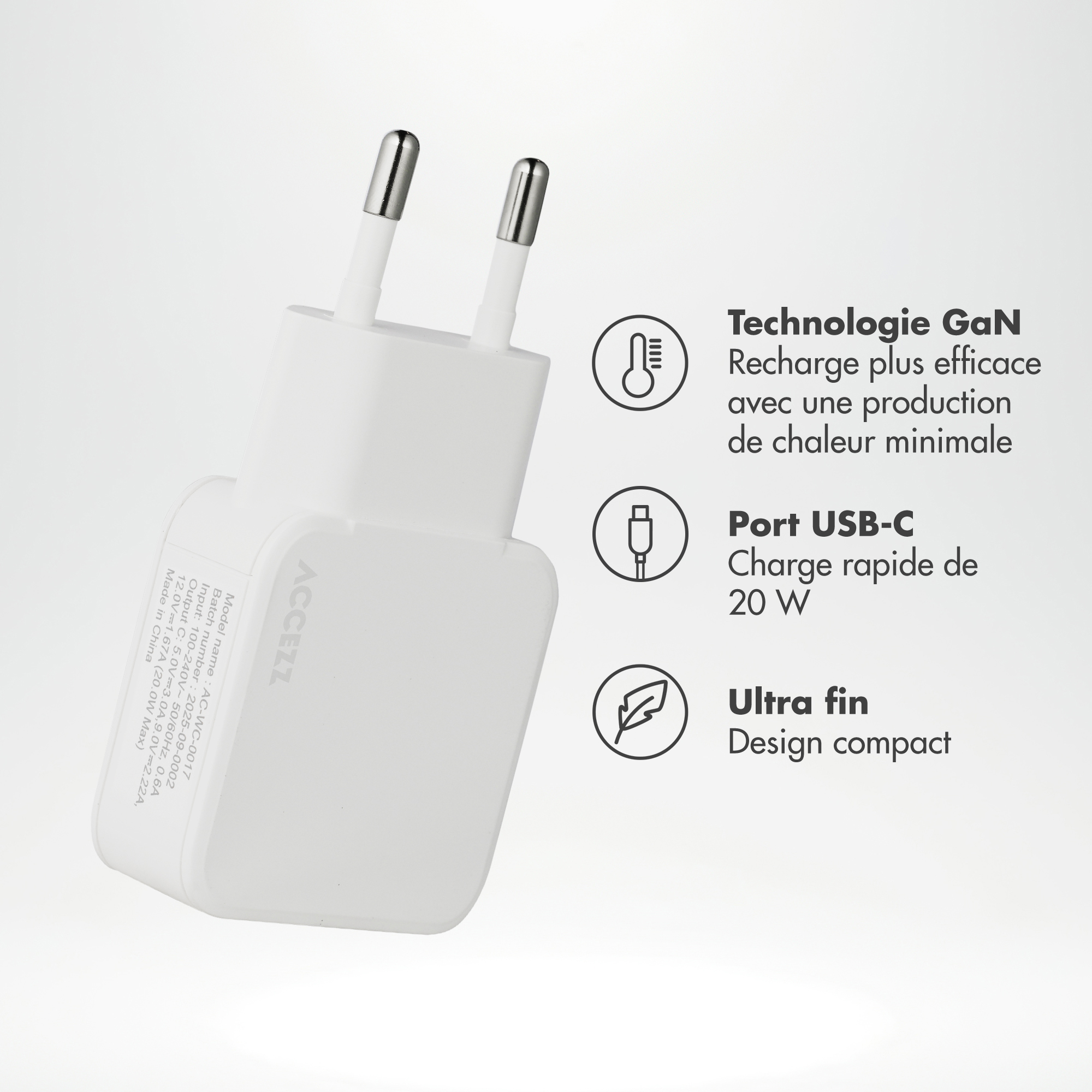 Accezz Ultra Slim GaN Oplader - USB-C - 20W - Wit - Afbeelding 9