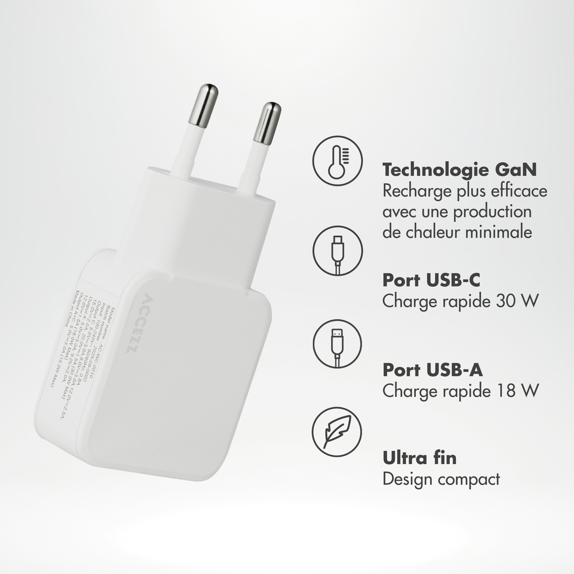 Accezz Ultra Slim GaN Oplader - USB-C + USB-A - 30W - Wit - Afbeelding 9