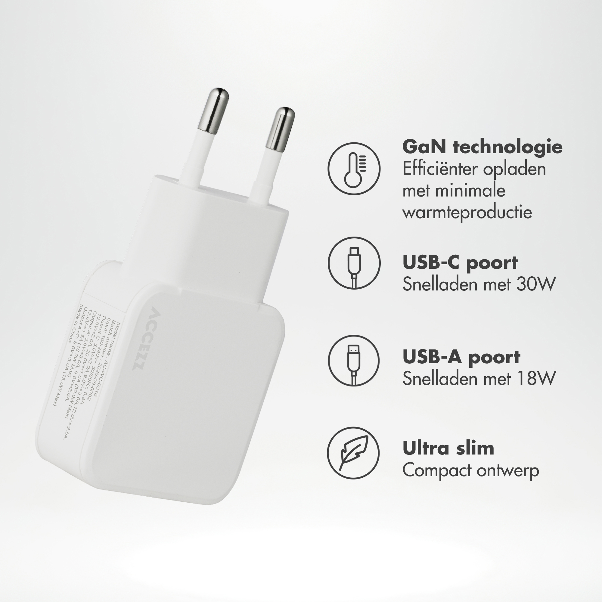Accezz Ultra Slim GaN Oplader - USB-C + USB-A - 30W - Wit - Afbeelding 7