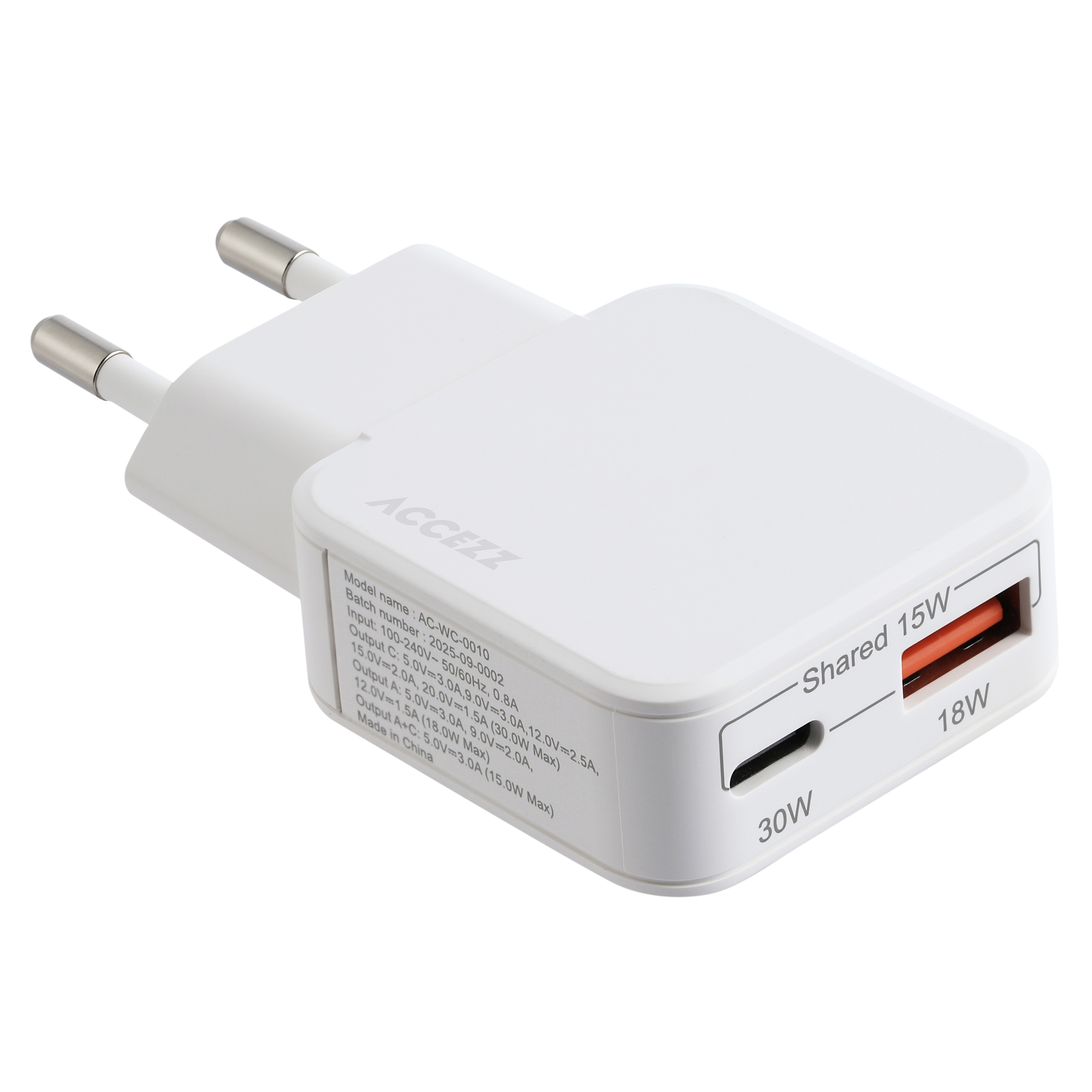 Accezz Ultra Slim GaN Oplader - USB-C + USB-A - 30W - Wit - Afbeelding 3