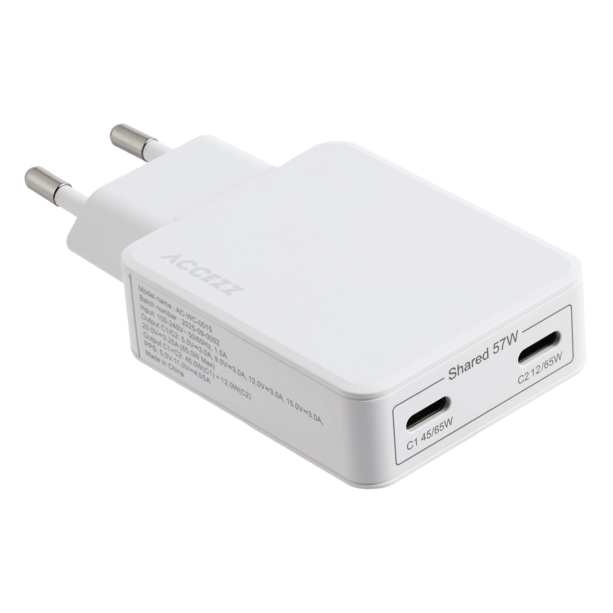 Accezz Ultra Slim GaN Oplader – 2x USB-C – 65W – Wit