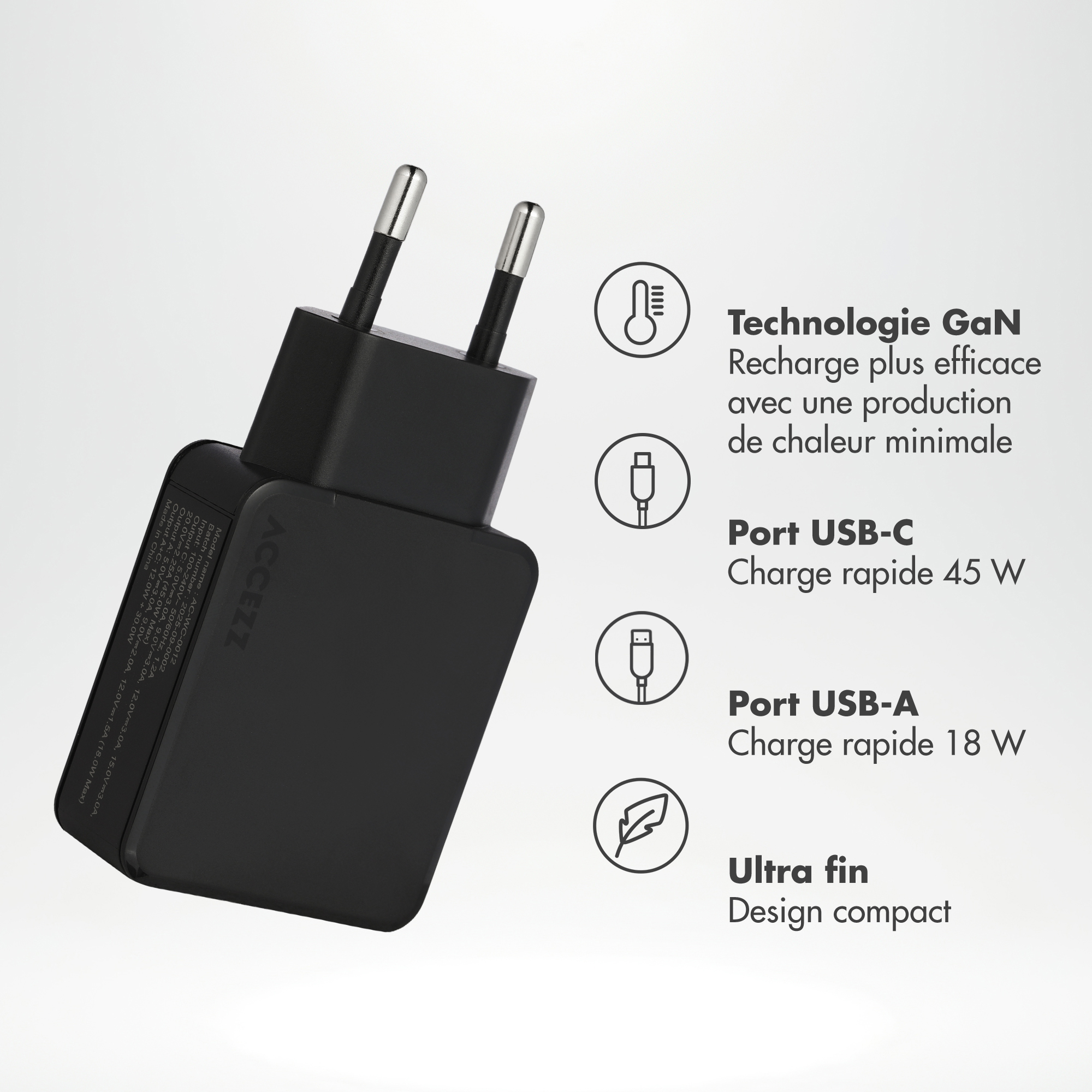 Accezz Ultra Slim GaN Oplader - USB-C + USB-A - 45W - Zwart - Afbeelding 9