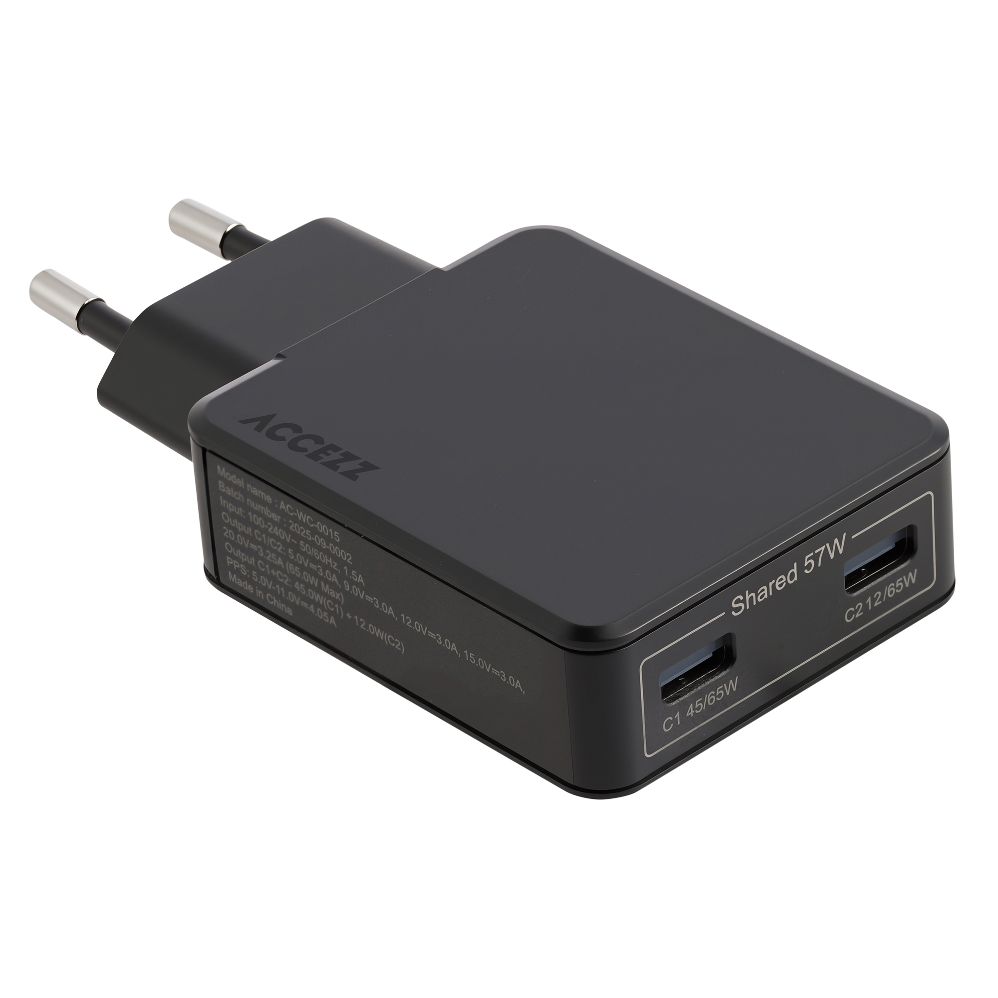 Accezz Ultra Slim GaN Oplader – 2x USB-C – 65W – Zwart